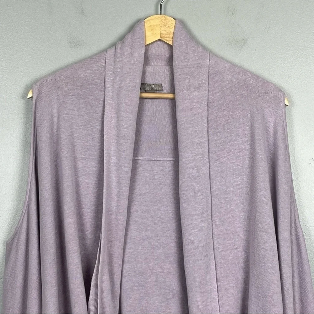 J.Jill light purple linen rayon knit open front waterfall vest shrug, large.